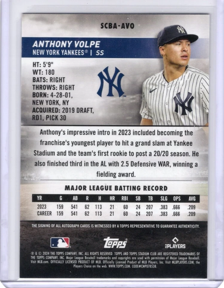 Anthony Volpe 2024 Topps Stadium Club Auto #SCBA-AVO Yankees - Image 2 of 2