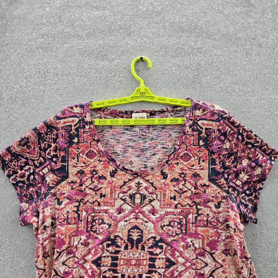 Lucky Brand Women Shirt 2X Pink Geometric V-Neck Pullover - Image 4 of 4