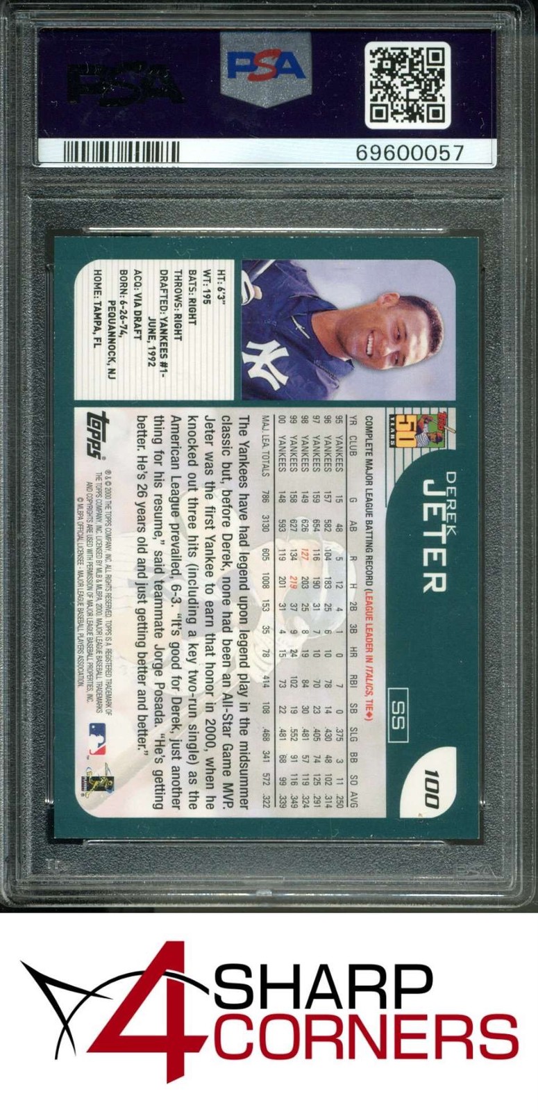 2001 TOPPS #100 DEREK JETER YANKEES HOF PSA 9 view 2