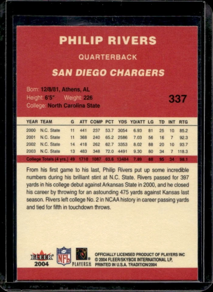 2004 Fleer Tradition Philip Rivers Rookie RC #337 Chargers - Image 2 of 2