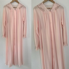 VINTAGE WOMEN'S SHADOWLINE PINK EMBROIDERED LONG NYLON ROBE WITH LACE TRIM S