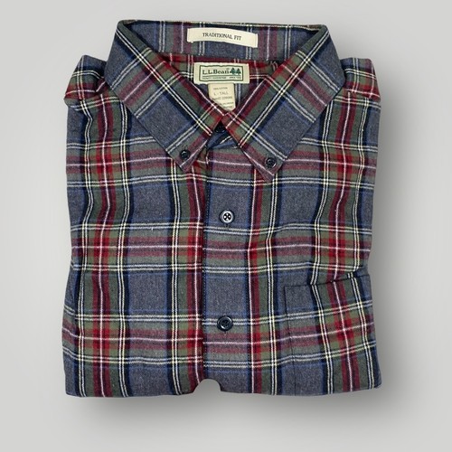 LL Bean Shirt Mens Large Tall Gray Stewart Plaid Flannel Traditional Fit Cotton - Picture 2 of 9