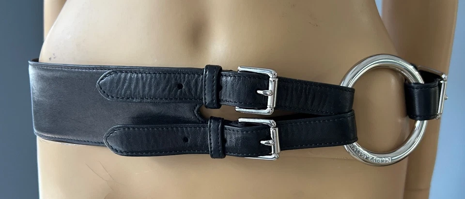 RALPH LAUREN Equestrian Belt Black Leather Tri Strap O-Ring Silver metal Size S - Image 3 of 4