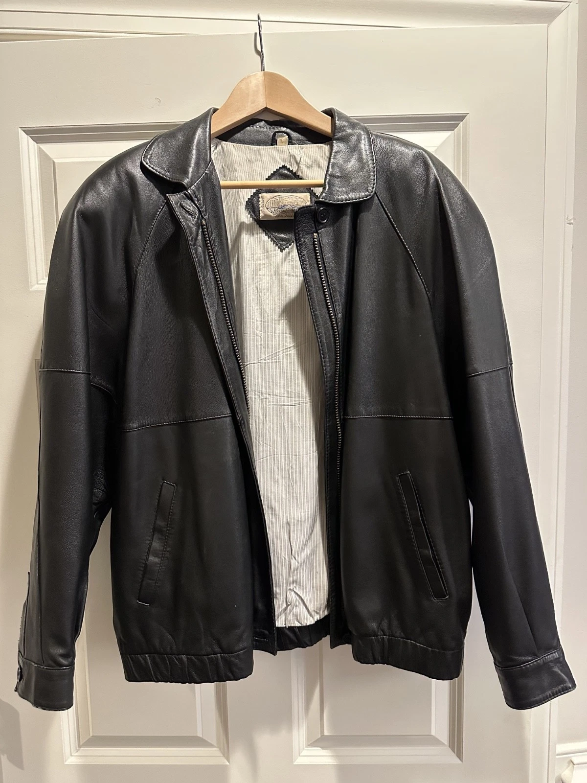 Vintage 90s Britches Great Outdoors Smooth Black Leather Harrington Jacket - Lg - product detail image 2