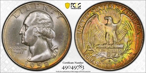 1958-D Washington Quarter PCGS MS66 PQ Toned Obverse/Reverse