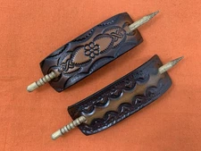 2 Leather Hair Barrettes w Sticks, Ponytail, Narrow, Flower, Handcrafted #360