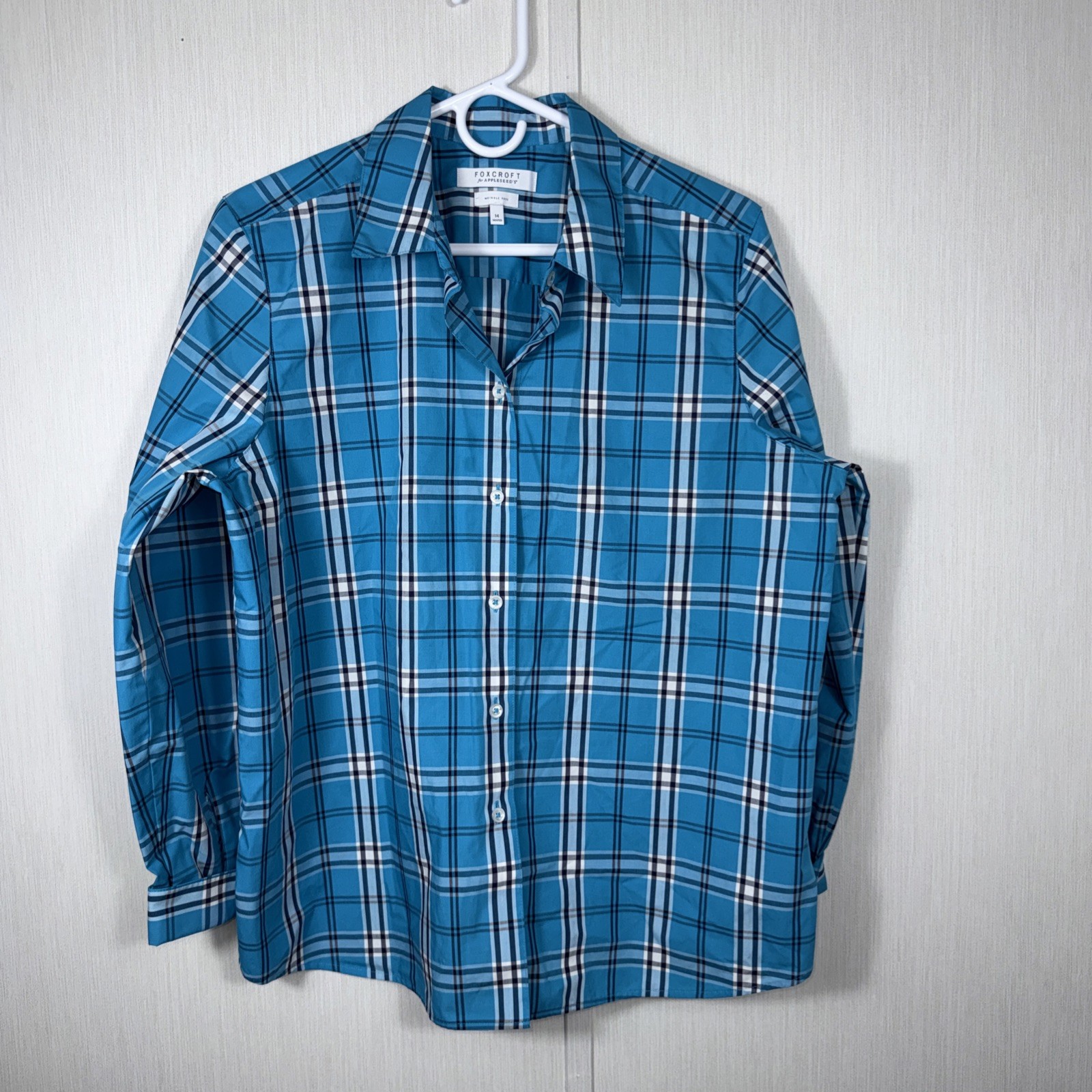 Foxcroft Womens 14 Shaped Blue Plaid Wrinkle Free Button Up Shirt Long Sleeve