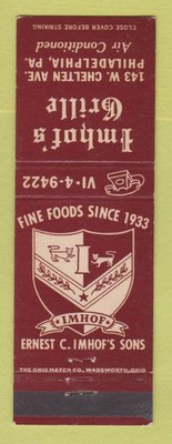 Matchbook Cover - Imhof's Grille Philadelphia PA