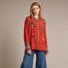 NWOT Johnny Was Biya Reverie Silk Floral Embroidered Red Shirt Blouse Size M