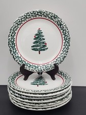 Furio Christmas Tree Dinner Plates Italy Green Sponged 10 1/4  Set Of 8