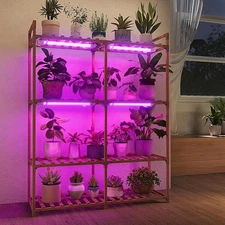 Bamworld Plant Stand with Grow Lights for Indoor Plants Purple Light-16 Pots 