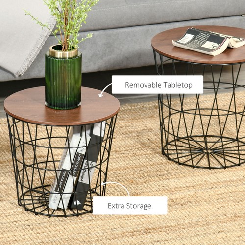 Metal Nesting End Table Set w/ Storage, Round Side Tables & Wood Removable Top - Picture 6 of 11