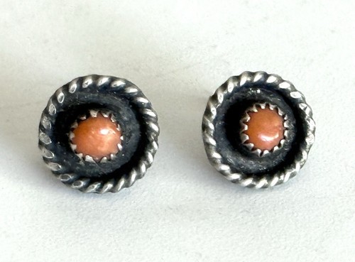 Vintage Navajo Sterling and Coral Old Pawn Native American Stud Earrings
