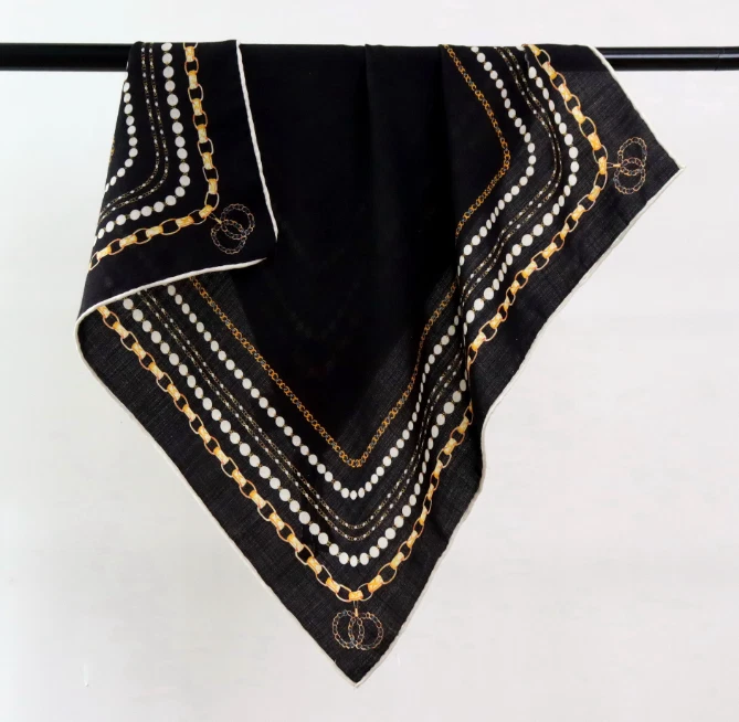 70% Cashmere 30% Silk Neckerchief Black bead Print Scarf 27'' Bandana Shawl Wrap