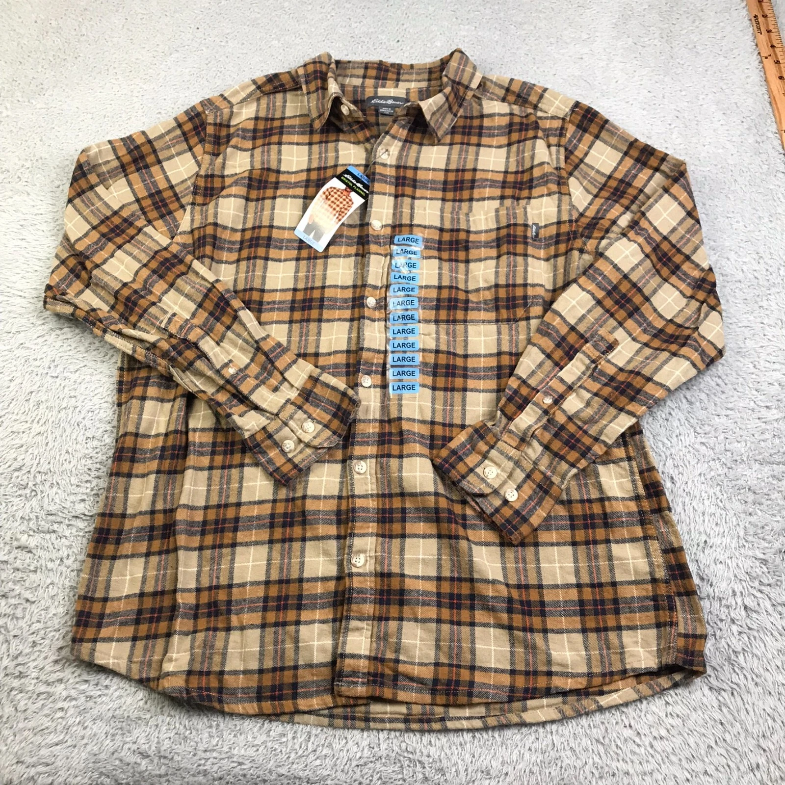 Eddie Bauer Bristol Flannel Shirt Mens L Khaki Plaid Relaxed Fit Cotton NEW NWT