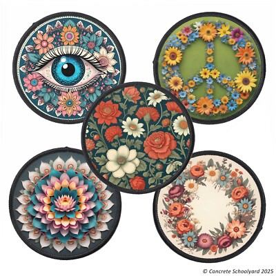 Bohemien/Hippie 5er Aufnäher Pack: Blumen, Friedens Symbol Fraktaler Lotus Patch