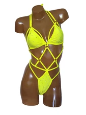 New rhinestone thong cage bodysuit and triangle top set stage wear costume Neon
