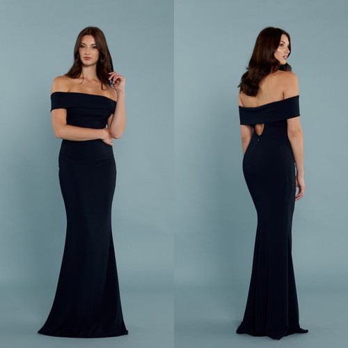 KATIE MAY Navy Blue Legacy Off Shoulder Bodycon Stretch Crepe Maxi Gown 14 US