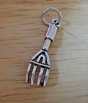 Sterling Silber 3D 23x7mm Garten Hand Rechen Gabel Werkzeug Charm! 