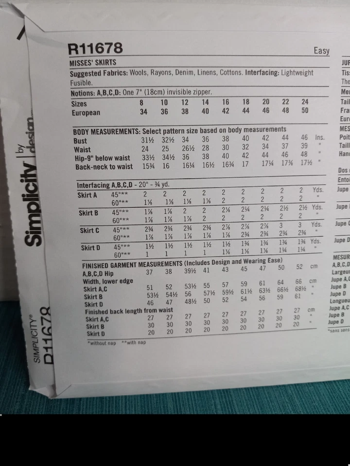 R11678 Simplicity Sewing Pattern. Misses skirts (Size U5) 16, 18, 20, 22, 24 - Image 3 of 3