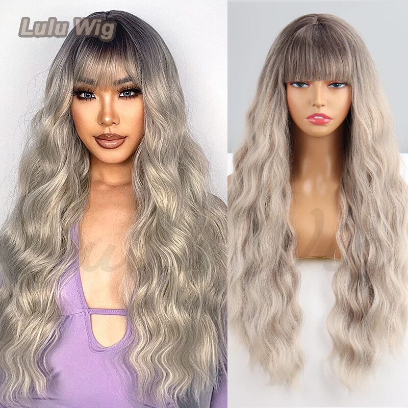 Wavy Long Ombre Grey Blonde Synthetic Curly Cosplay Wig with Bangs