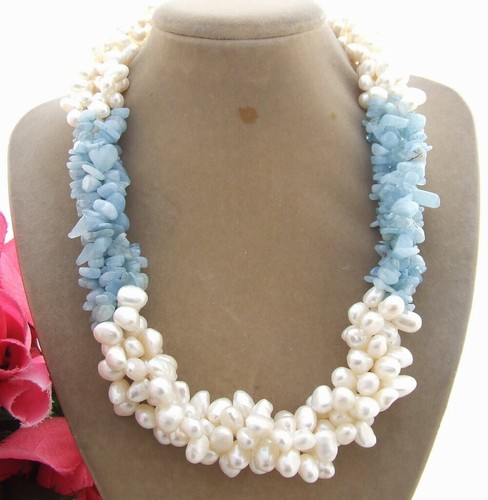 Brand new 4 strds freshwater pearl natural aquamarine necklace 18"AAA - Picture 1 of 4