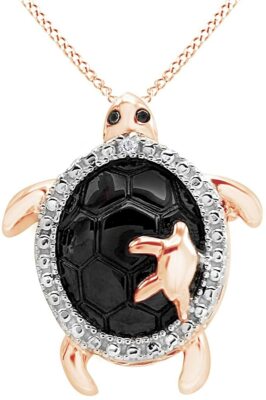 Black White Diamond Accent Turtle Pendant 14k Gold Plated
