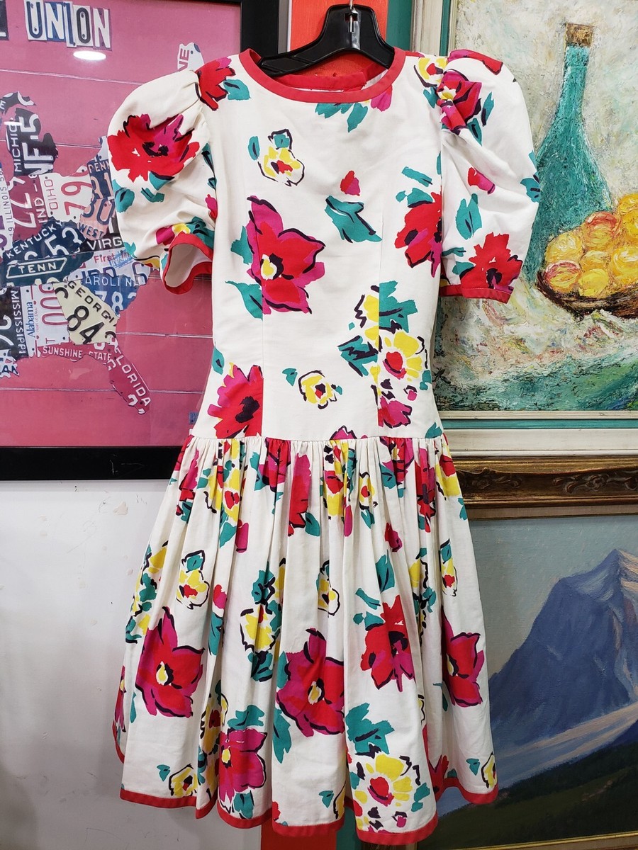 Victor Costa Dress Women's XS Floral Cotton Vintage 80's Victor Costa Dress Women's XS Floral Cotton Vintage 80's