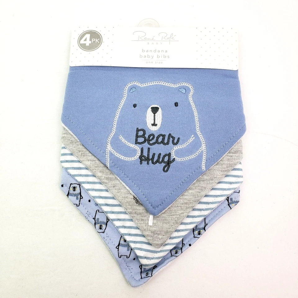 Rene Rofe Baby Säugling Baby Jungen Einheitsgröße Blaubär Umarmung Bandana Lätzchen 4 Stück - Bild 1 von 4