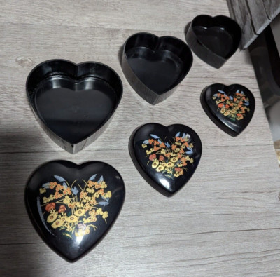 Vintage Set Of 3 Black Plastic Heart Nesting Trinket Boxes