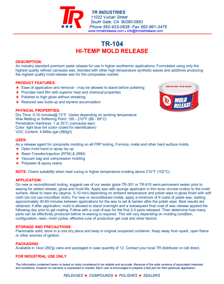 TR 104 Mold Release High Temperature Paste Wax 14 ounce can -Resin ...