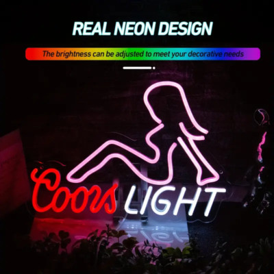 Beautiful Lady ''Coors Light'' Beer Neon Sign - Red LED Bar Decor with USB Power