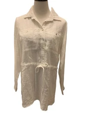 John Mark  Top Womens M White Pockets Button Down Beachy Drawstring Tunic