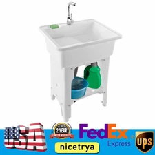 Spacious White Utility Sink Laundry Tub Freestanding Sink Wash Station w/ Faucet