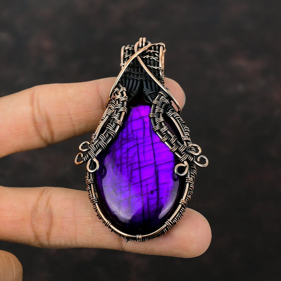 Purple Fire Labradorite Wire Wrapped Pendant Handcrafted Copper Dailywear 3.07" - Image 2 of 4
