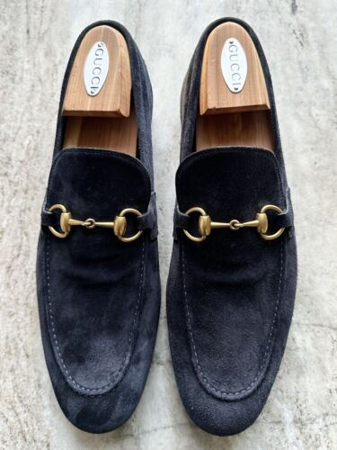 Gucci Jordaan Horsebit marineblau Wildleder Halbschuhe 9/9,5 US 1953 Roos Mokassin $ 1000