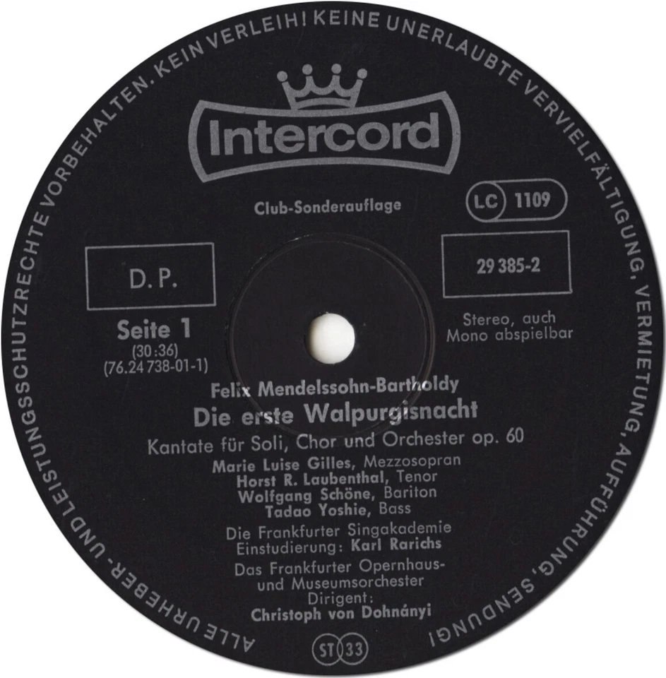 MENDELSSOHN Die erste Walpurgisnacht, Symphony 1 DOHNANYI 1975 Live Recording NM - Image 3 of 3