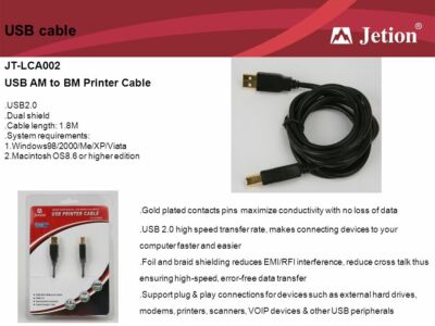 Jetion JT-LCA002: USB Printer Cable AM to BM 1.8M - Black