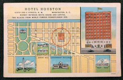 Hotel Houston Map Washington DC Postcard Linen Teich American Art Unposted,