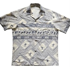 Vintage Tribal Print Button Up Shirt Men  s XL Cream Navy Hawaiian Tiki Style
