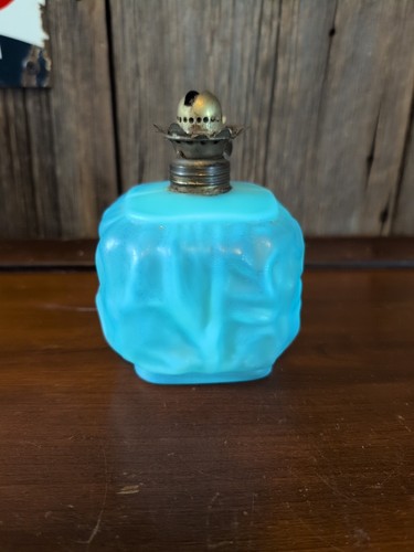 Antique Miniature Oil Lamp Base Only Blue Puffy Satin Glass