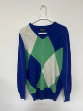 Hawick Knitwear 100% Extrafine Lambs Wool V Neck Jumper Blue Green Size Medium