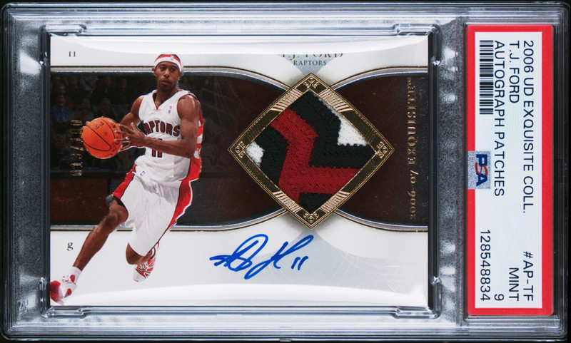 T.J. FORD 2006-07 UD Exquisite Game-Worn Patch Autograph 013/100 PSA 9 (pop 2)
