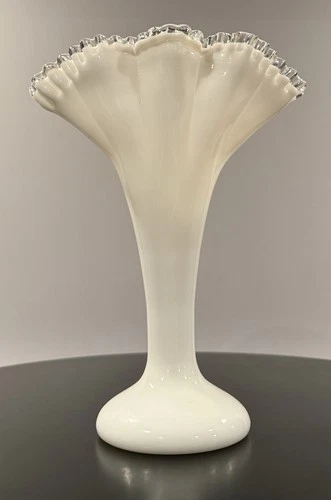 12” Fenton Handmade White Milk Glass Vase Ruffled Edge Glossy USA