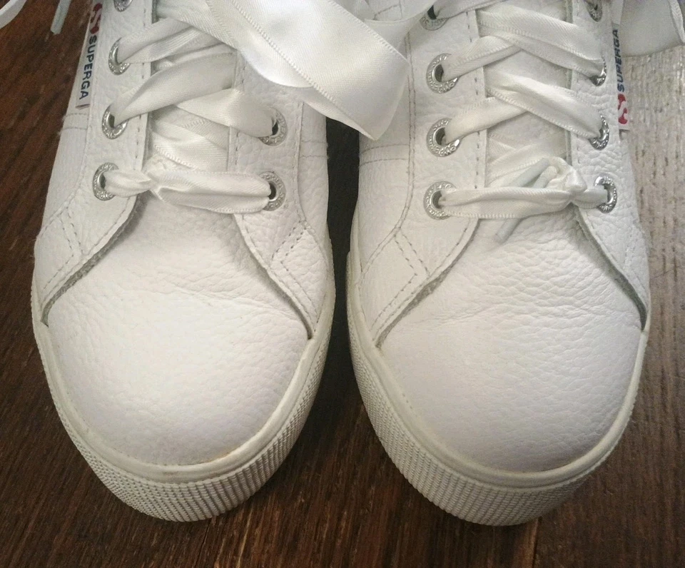 Superga Plataforma Blanco Guijarro Cuero Zapatillas Tenis Zapatos Satén Cordones Corbata 7.5 Foto 4 de 4