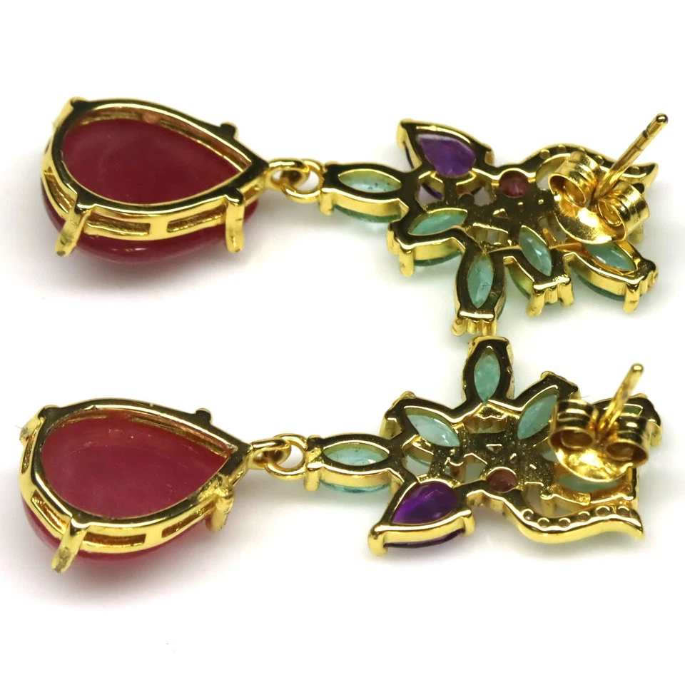 925 Sterling Silver 9 x 13 mm. Red Ruby, Zircon, Amethyst & Rhodolite Earrings  - Image 3 of 4