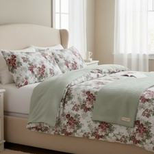 Laura Ashley King Flannel Comforter Set Floral Cotton w/ 2 Shams