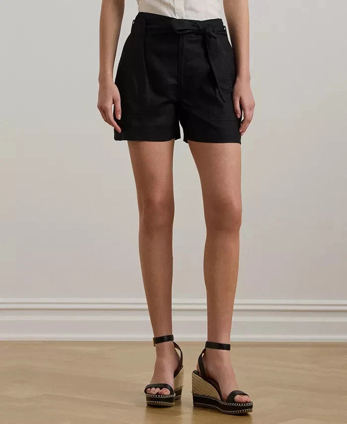 Lauren Ralph Lauren Women's Belted Linen High rise Shorts Black Size 10 $80 SALE