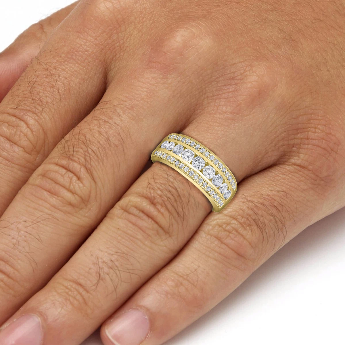 10k Yellow Gold Men Three Row Round Channel Diamond Wedding Band Ring 1.25CT