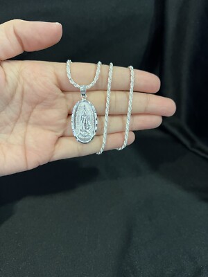 925 Sterling Silver Men's St Jude San Judas Virgin Virgen & Rope Chain 20 24 30